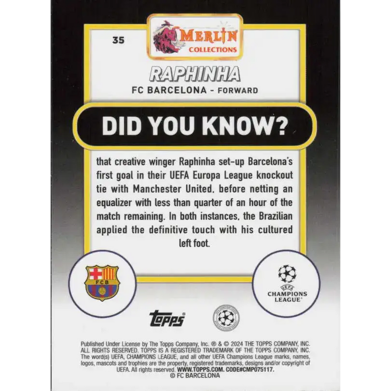 2023-24 Topps Merlin UEFA #35 Raphinha EX Excellent FC Barcelona Soccer Card - Soccer Card Single