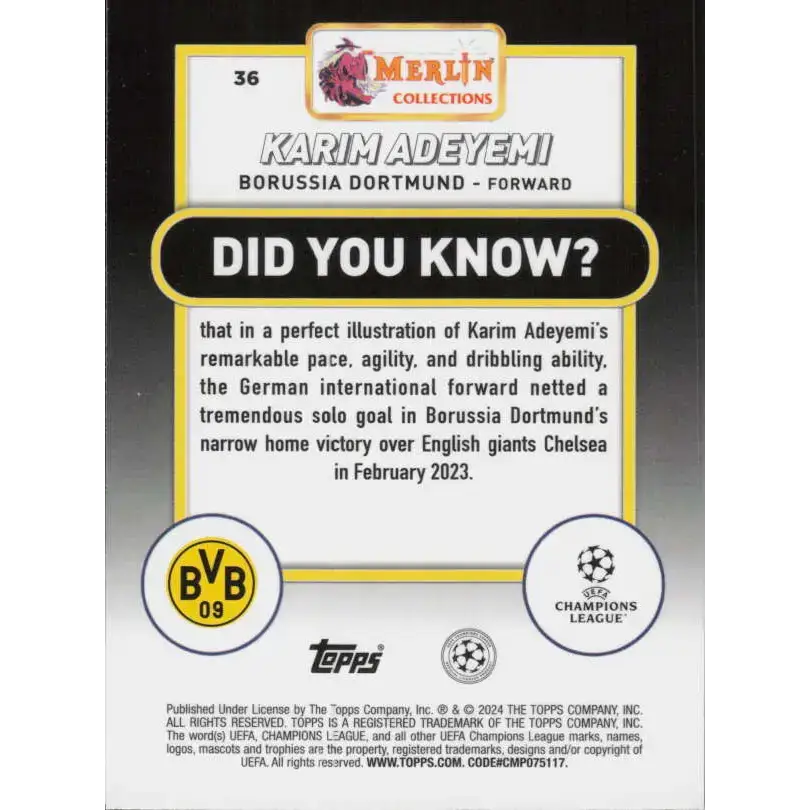 2023-24 Topps Merlin UEFA #36 Karim Adeyemi EX Excellent Borussia Dortmund Soccer Card - Soccer Card Single