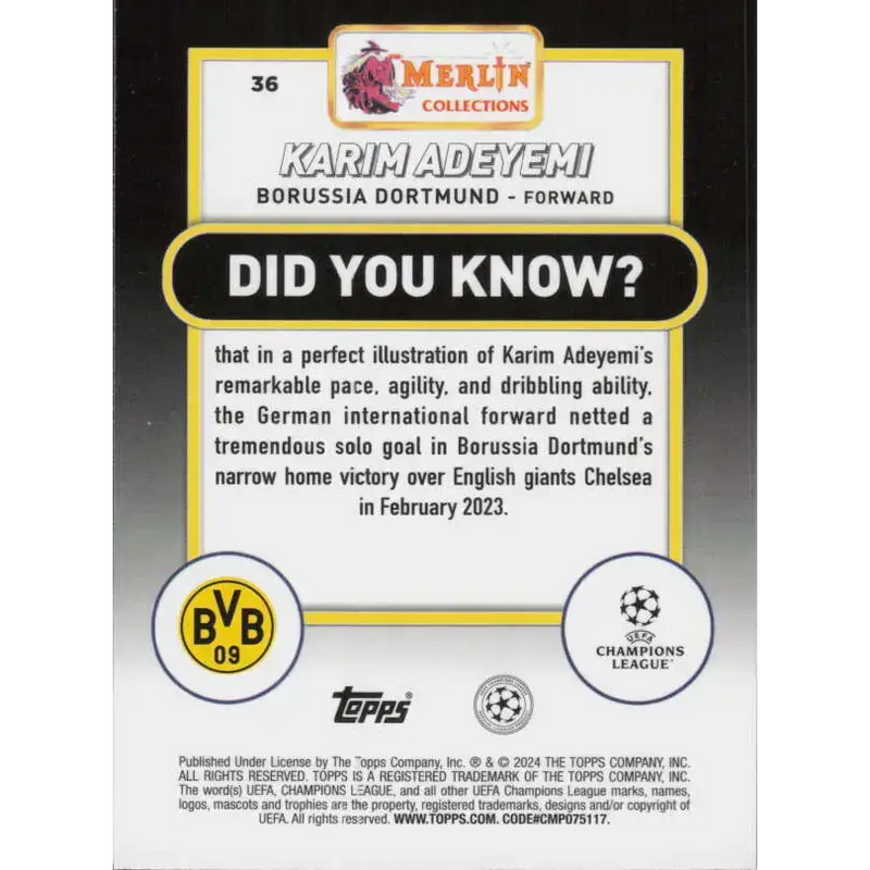 2023-24 Topps Merlin UEFA #36 Karim Adeyemi EX Excellent Borussia Dortmund Soccer Card - Soccer Card Single