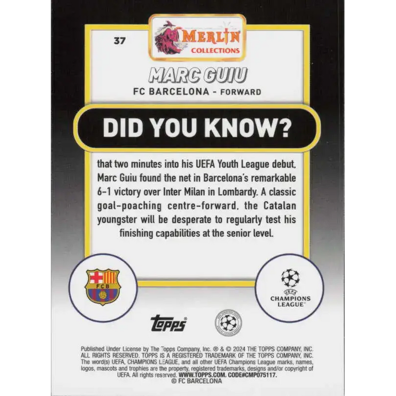 2023-24 Topps Merlin UEFA #37 Marc Guiu EX Excellent RC Rookie FC Barcelona Soccer Card - Soccer Card Single