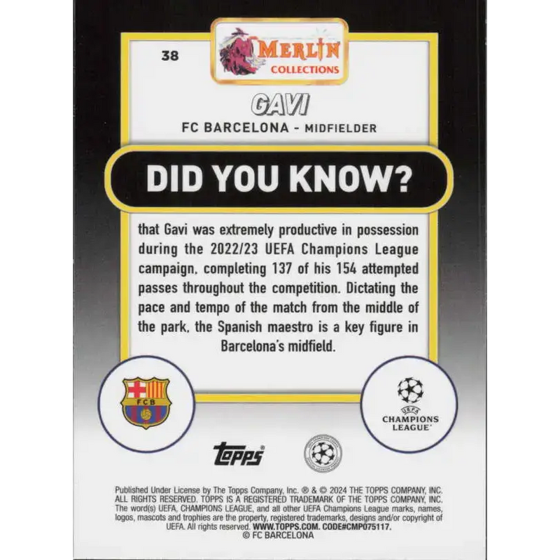 2023-24 Topps Merlin UEFA #38 Gavi EX Excellent FC Barcelona Soccer Card - Soccer Card Single