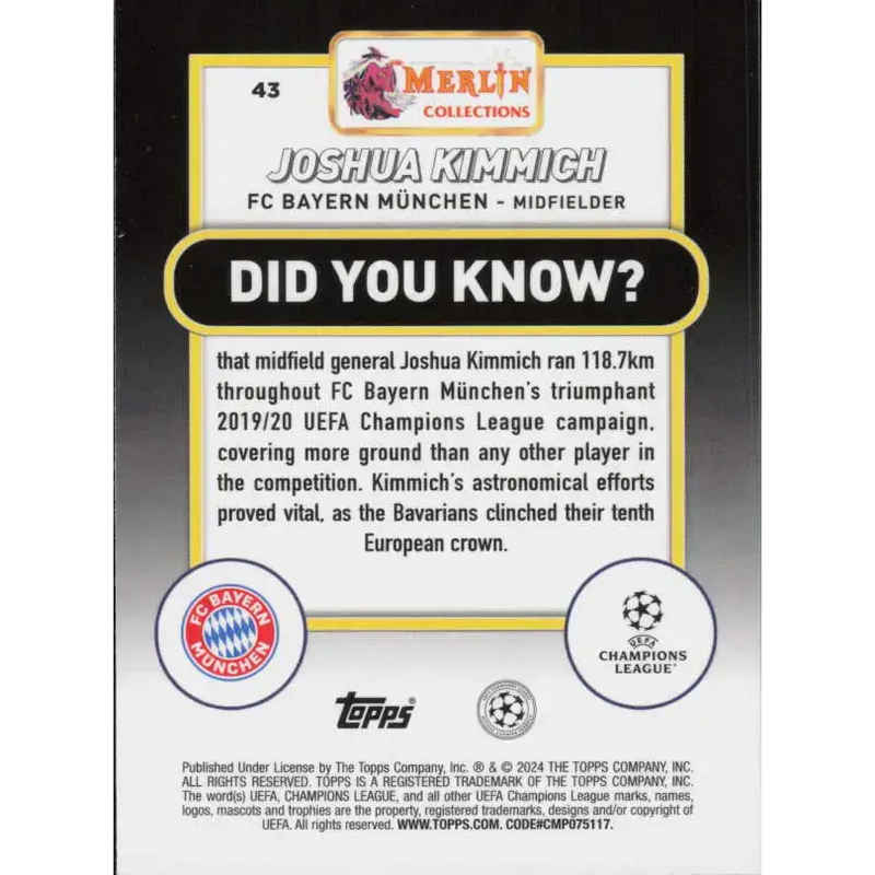2023-24 Topps Merlin UEFA #43 Joshua Kimmich EX Excellent FC Bayern Munchen Soccer Card - Soccer Card Single
