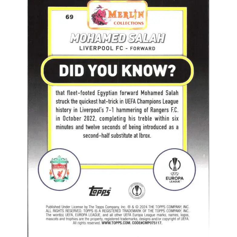 2023-24 Topps Merlin UEFA #69 Mohamed Salah EX Excellent Liverpool FC Soccer Card - Soccer Card Single