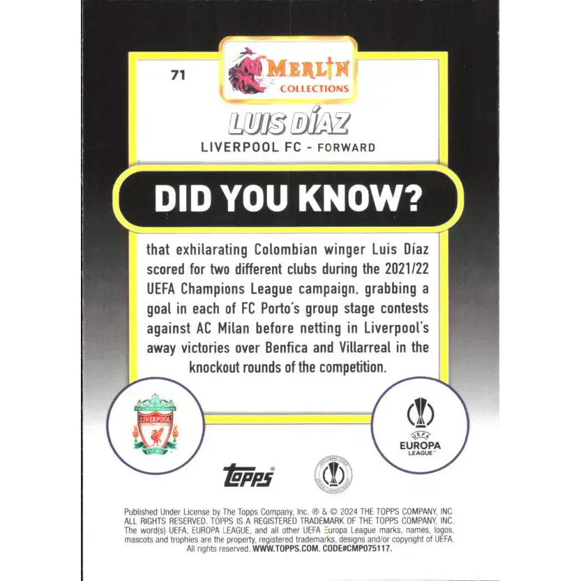 2023-24 Topps Merlin UEFA #71 Luis Diaz EX Excellent Liverpool FC Soccer Card - Soccer Card Single