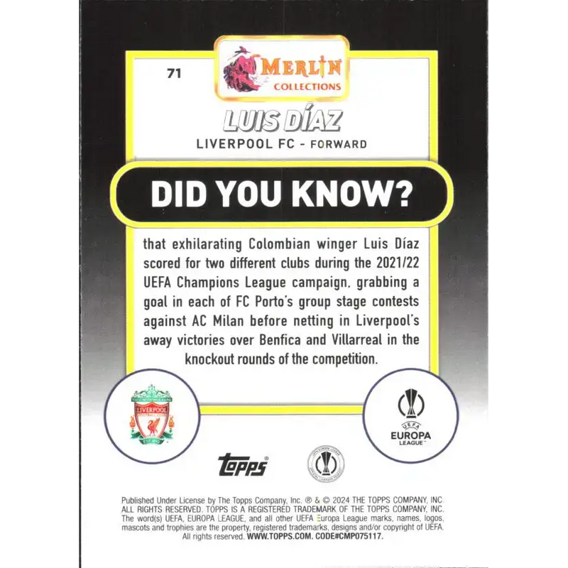 2023-24 Topps Merlin UEFA #71 Luis Diaz EX Excellent Liverpool FC Soccer Card - Soccer Card Single