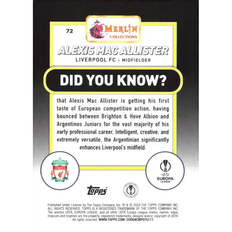 2023-24 Topps Merlin UEFA #72 Alexis Mac Allister EX Excellent Liverpool FC Soccer Card - Soccer Card Single