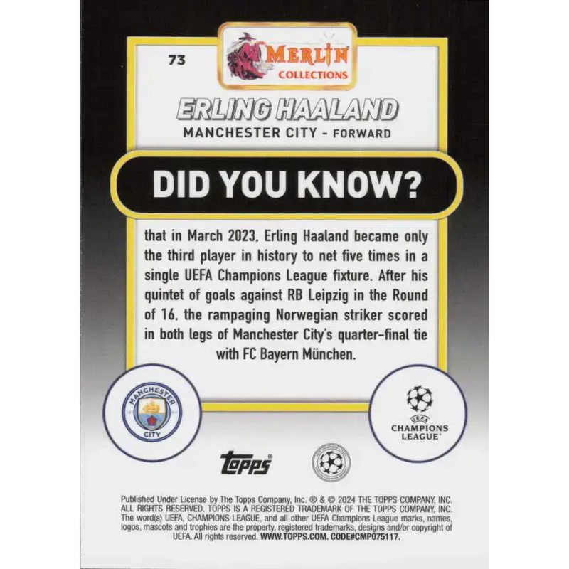 2023-24 Topps Merlin UEFA #73 Erling Haaland EX Excellent Manchester City Soccer Card - Soccer Card Single