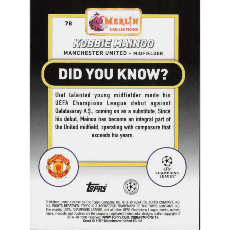 2023-24 Topps Merlin UEFA #78 Kobbie Mainoo EX Excellent Manchester United Soccer Card - Soccer Card Single
