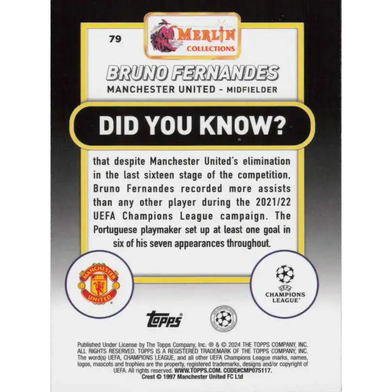 2023-24 Topps Merlin UEFA #79 Bruno Fernandes EX Excellent Manchester United Soccer Card - Soccer Card Single