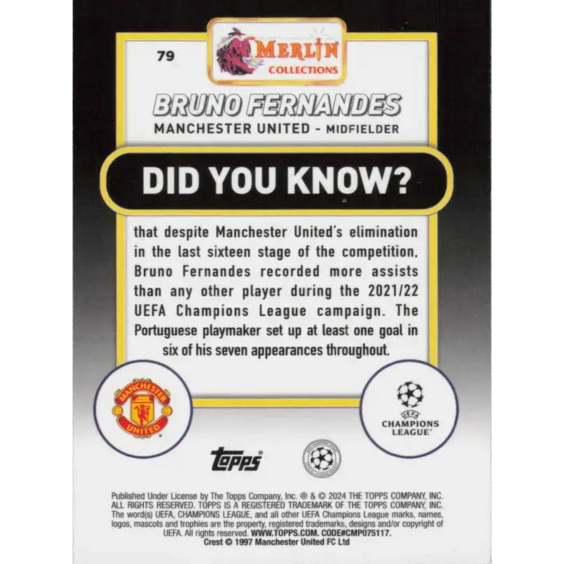2023-24 Topps Merlin UEFA #79 Bruno Fernandes EX Excellent Manchester United Soccer Card - Soccer Card Single