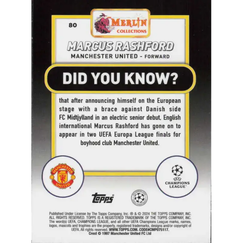 2023-24 Topps Merlin UEFA #80 Marcus Rashford EX Excellent Manchester United Soccer Card - Soccer Card Single