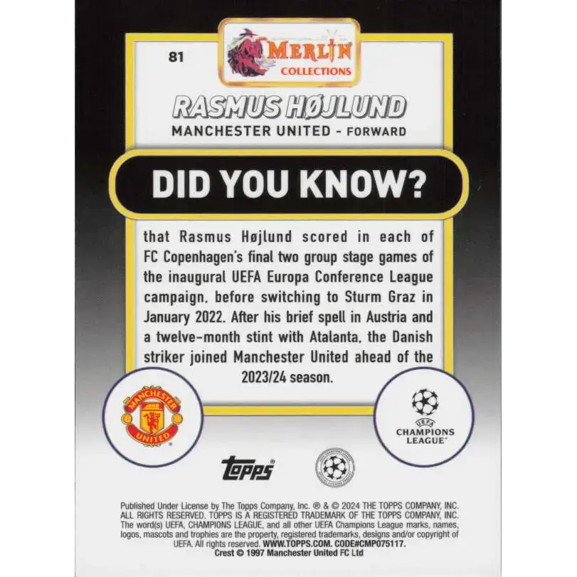 2023-24 Topps Merlin UEFA #81 Rasmus Hojlund EX Excellent Manchester United Soccer Card - Soccer Card Single