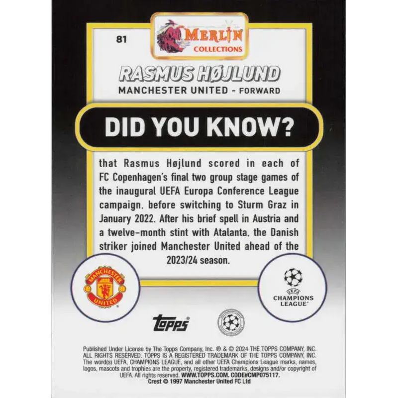 2023-24 Topps Merlin UEFA #81 Rasmus Hojlund EX Excellent Manchester United Soccer Card - Soccer Card Single