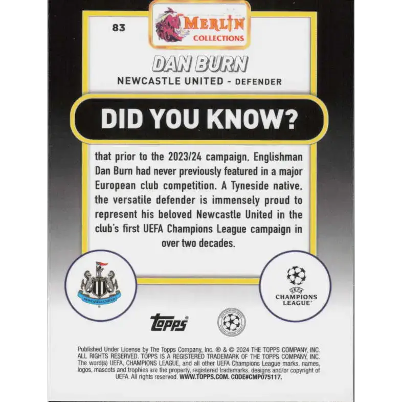 2023-24 Topps Merlin UEFA #83 Dan Burn EX Excellent Newcastle United Soccer Card - Soccer Card Single