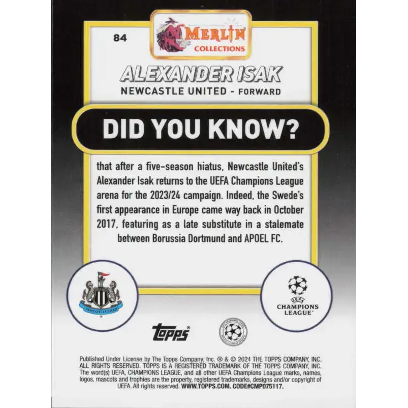 2023-24 Topps Merlin UEFA #84 Alexander Isak EX Excellent Newcastle United Soccer Card - Soccer Card Single