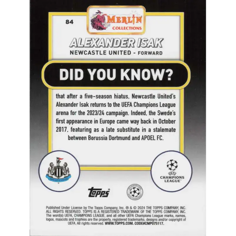 2023-24 Topps Merlin UEFA #84 Alexander Isak EX Excellent Newcastle United Soccer Card - Soccer Card Single