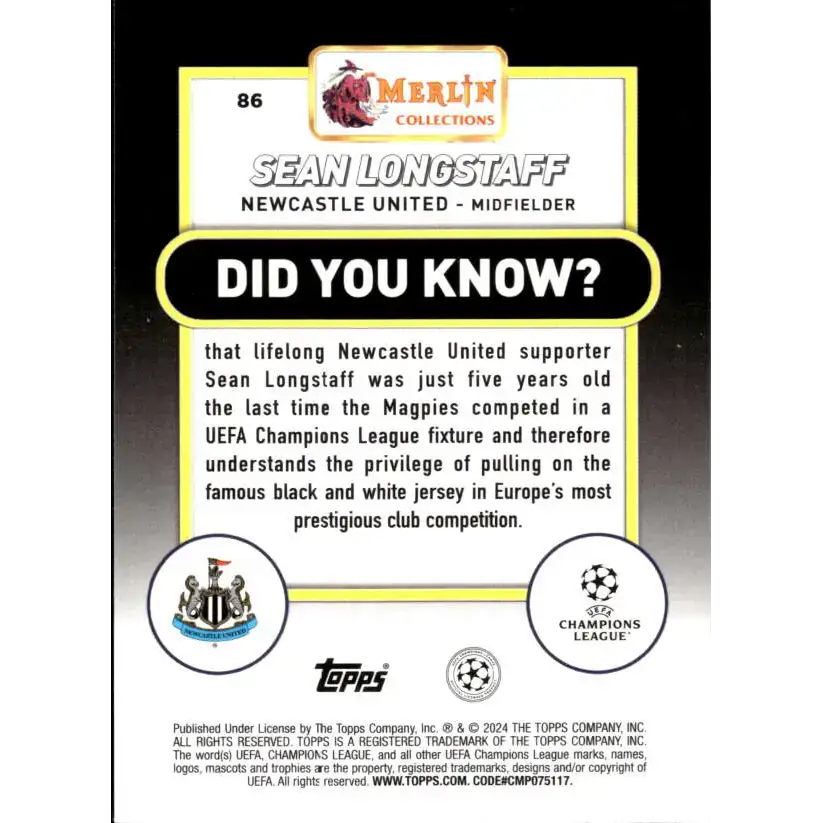 2023-24 Topps Merlin UEFA #86 Sean Longstaff EX Excellent Newcastle United Soccer Card - Soccer Card Single