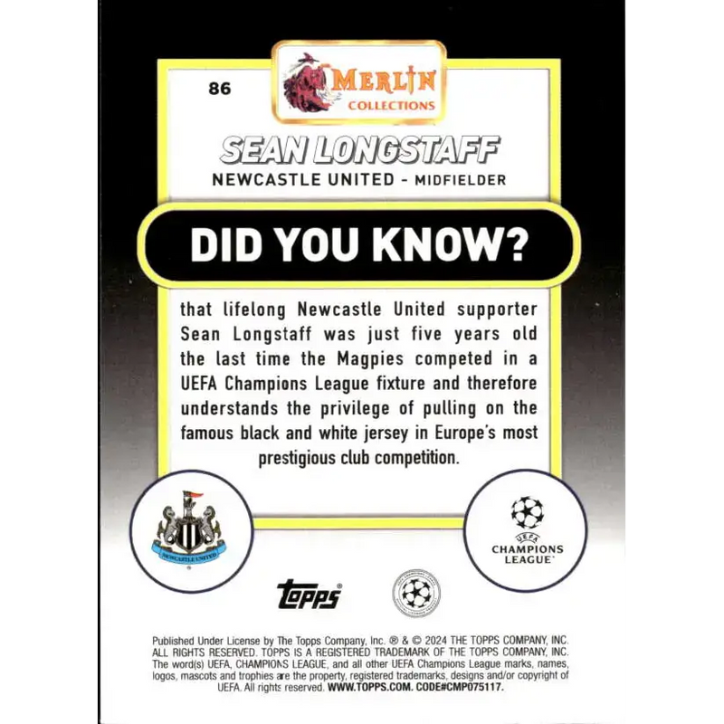 2023-24 Topps Merlin UEFA #86 Sean Longstaff EX Excellent Newcastle United Soccer Card - Soccer Card Single