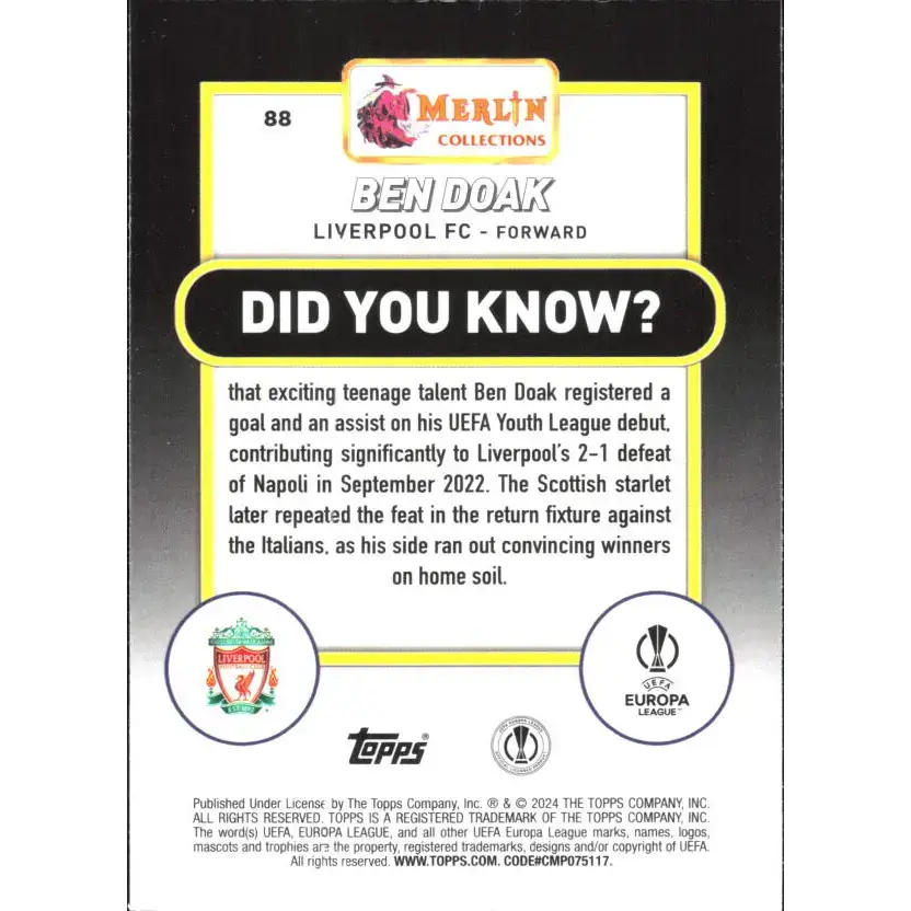 2023-24 Topps Merlin UEFA #88 Ben Doak EX Excellent RC Rookie Liverpool FC Soccer Card - Soccer Card Single