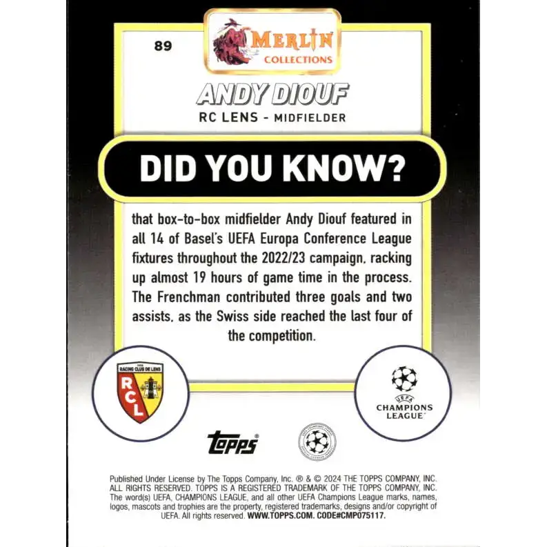 2023-24 Topps Merlin UEFA #89 Andy Diouf EX Excellent RC Rookie RC Lens Soccer Card - Soccer Card Single