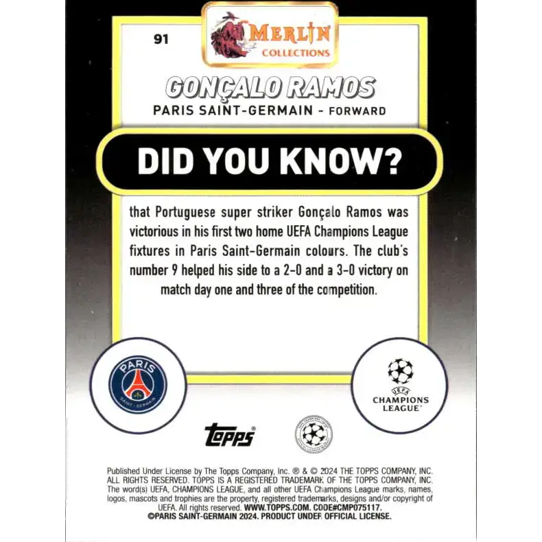 2023-24 Topps Merlin UEFA #91 Goncalo Ramos EX Excellent Paris Saint-Germain Soccer Card - Soccer Card Single