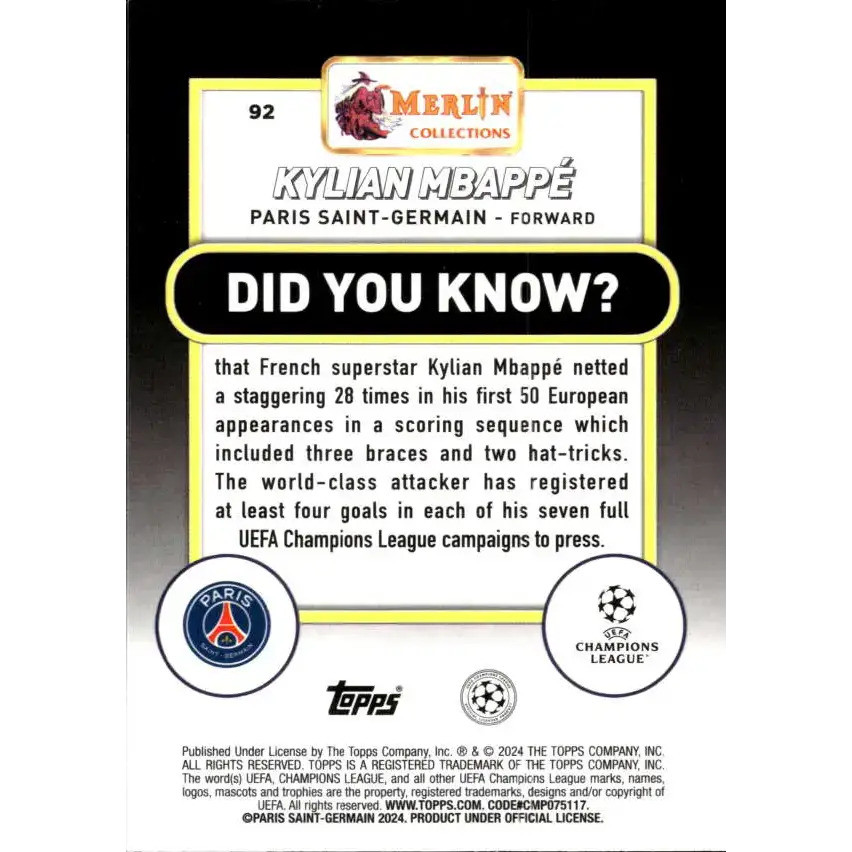 2023-24 Topps Merlin UEFA #92 Kylian Mbappe EX Excellent Paris Saint-Germain Soccer Card - Soccer Card Single