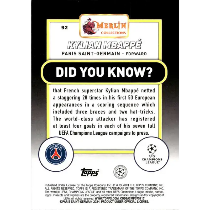 2023-24 Topps Merlin UEFA #92 Kylian Mbappe EX Excellent Paris Saint-Germain Soccer Card - Soccer Card Single