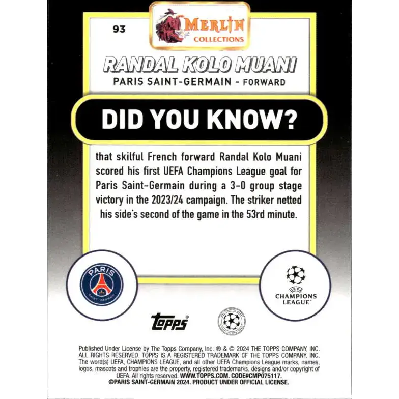 2023-24 Topps Merlin UEFA #93 Randal Kolo Muani EX Excellent Paris Saint-Germain Soccer Card