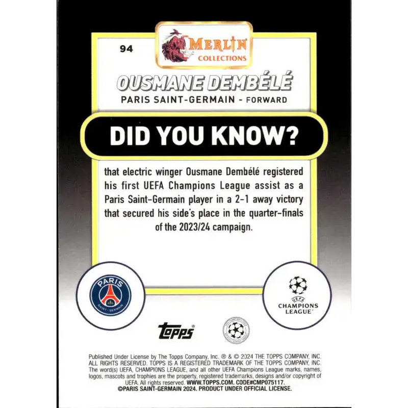 2023-24 Topps Merlin UEFA #94 Ousmane Dembele EX Excellent Paris Saint-Germain Soccer Card - Soccer Card Single
