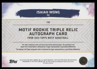 2023-24 Topps Motif Isaiah Wong #104 Rookie Triple Relic Auto RC#/49 - Basketball Card Single
