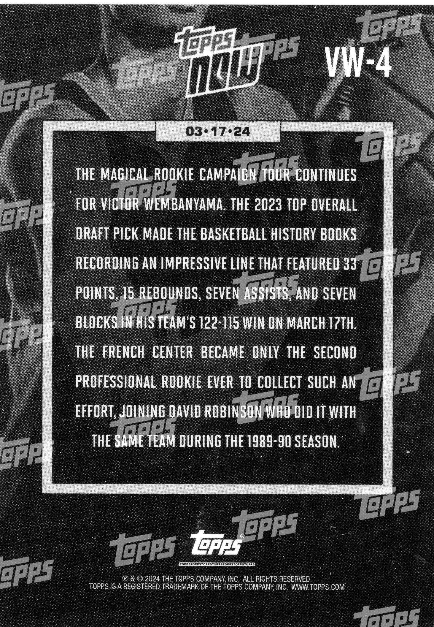 2023-24 Topps NOW Victor Wembanyama #VW-4 RC Spurs 30 Pt 15 Reb 5 Ast 5 Blk - Basketball Card Single