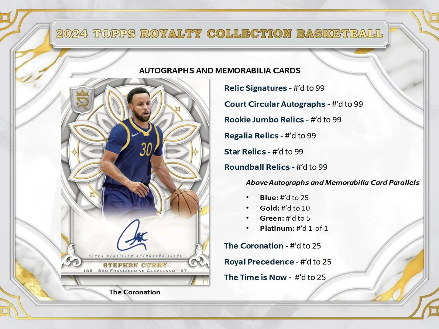 2024 Topps Royalty Collection Basketball trading card featuring Stephen Curry autograph relic