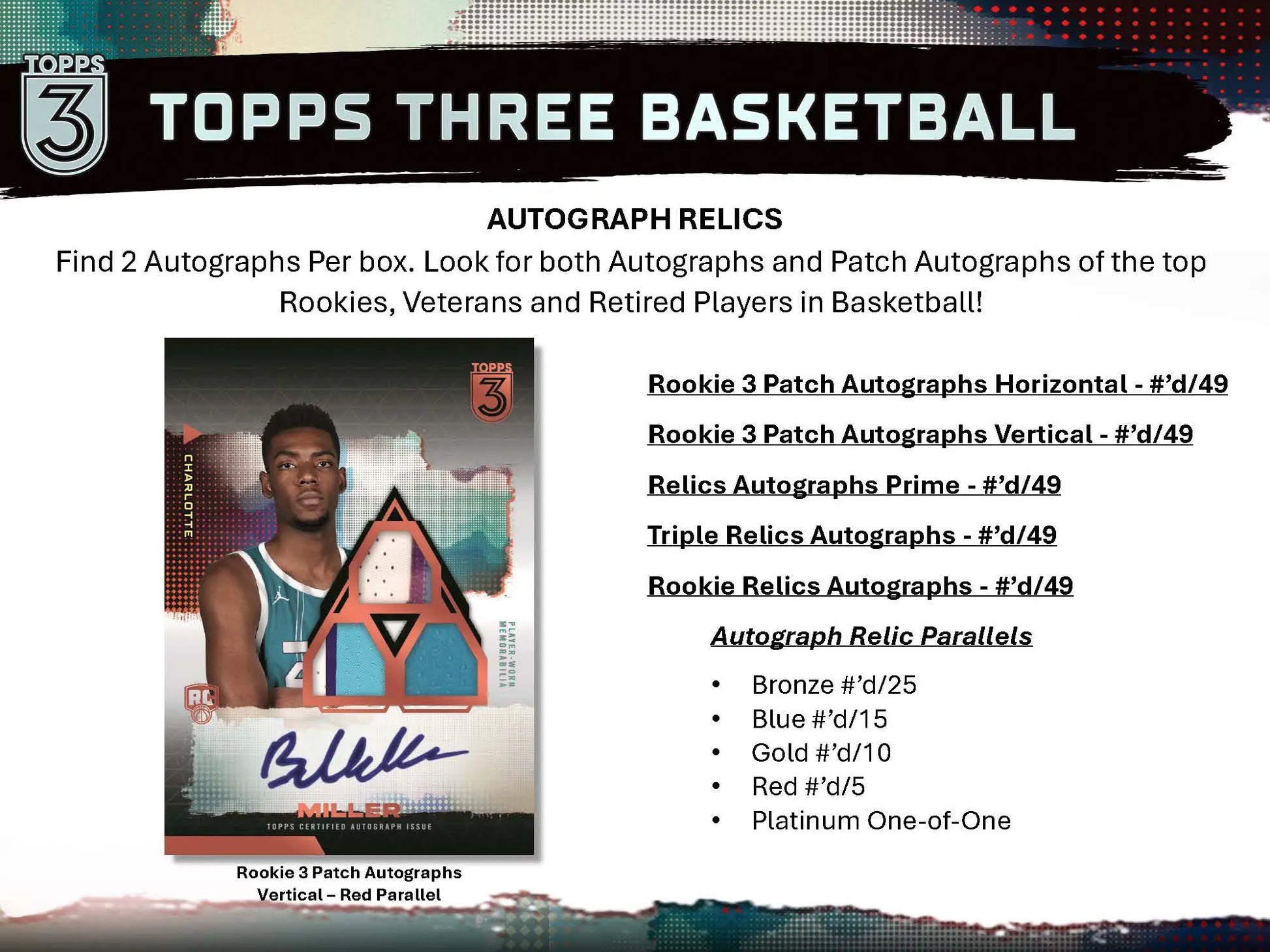 Topps Three Basketball autograph relics advertisement in 2023-24 Topps Three Basketball Hobby Box