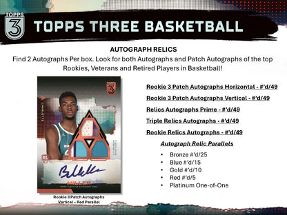 Topps Three Basketball autograph relics advertisement in 2023-24 Topps Three Basketball Hobby Box