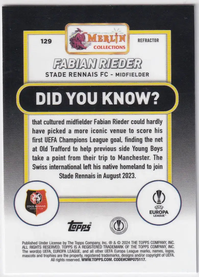 2023-24 Topps UCC Merlin Chrome Refractor #129 Fabian Rieder - Stade Rennais FC