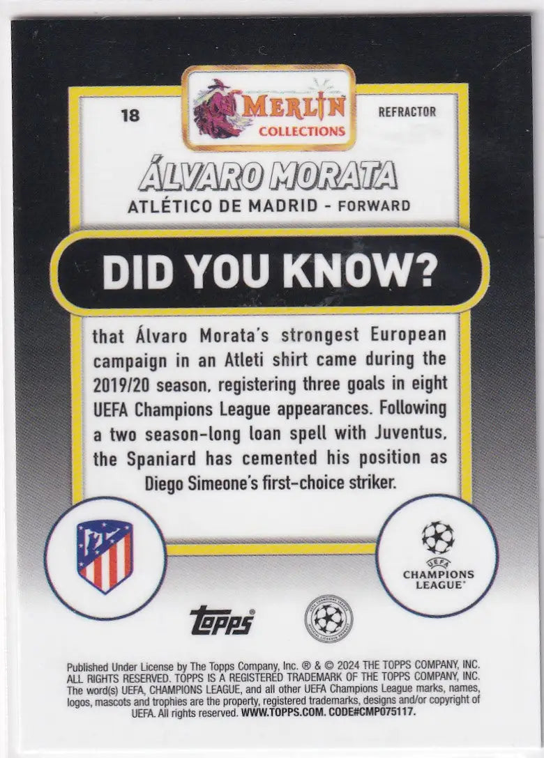 Topps UCC Merlin Chrome Refractor of Álvaro Morata with UEFA Champions League facts