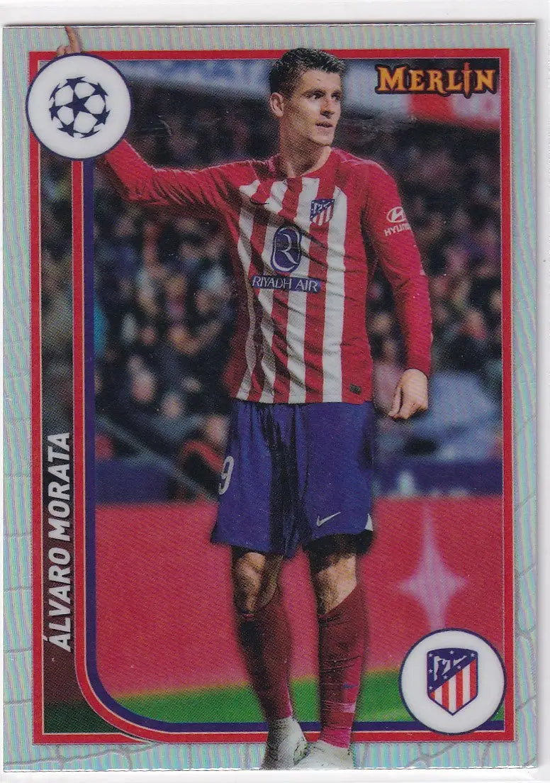 Atletico Madrid player Álvaro Morata on a Topps UCC Merlin Chrome Refractor trading card