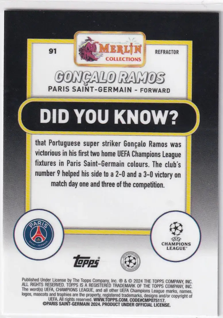 2023-24 Topps UCC Merlin Chrome Refractor #91 Gonçalo Ramos - Paris Saint-Germai