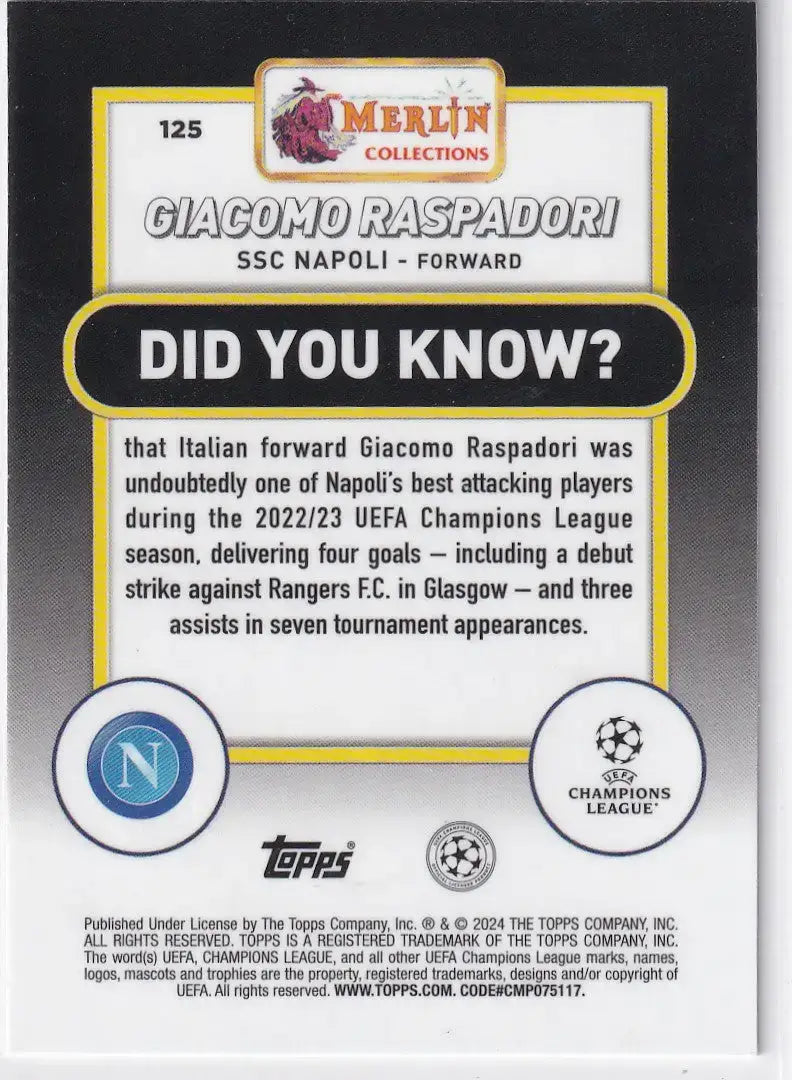 2023-24 Topps UCC Merlin Chrome Vintage Refractor #125 Giacomo Raspadori - SSC N