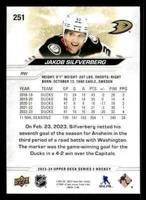 2023-24 Upper Deck #251 Jakob Silfverberg - Hockey Card Single