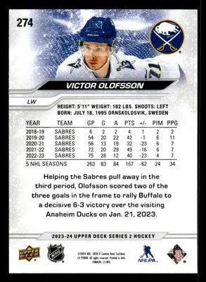 2023-24 Upper Deck #274 Victor Olofsson - Hockey Card Single