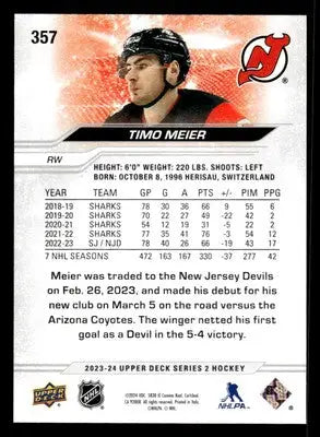 2023-24 Upper Deck #357 Timo Meier - Hockey Card Single