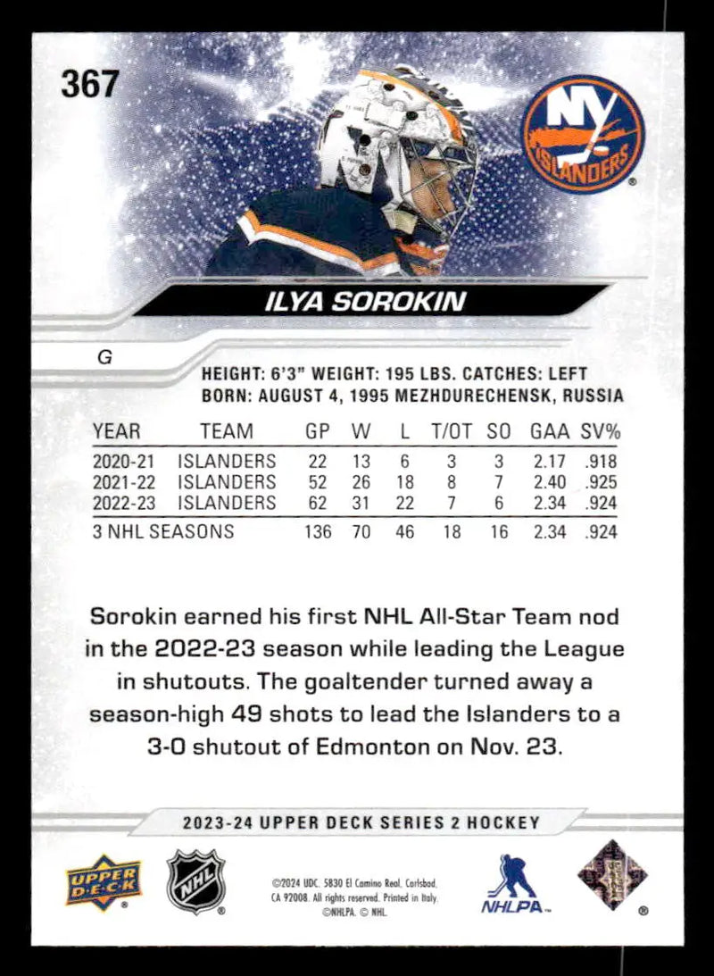 2023-24 Upper Deck #367 Ilya Sorokin - Hockey Card Single