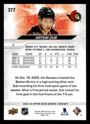 2023-24 Upper Deck #377 Artem Zub - Hockey Card Single