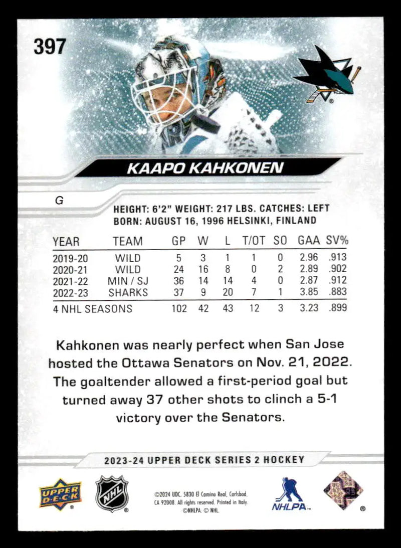 2023-24 Upper Deck #397 Kaapo Kahkonen - Hockey Card Single