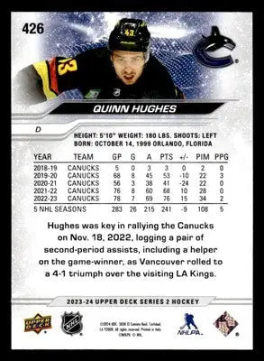 2023-24 Upper Deck #426 Quinn Hughes - Hockey Card Single