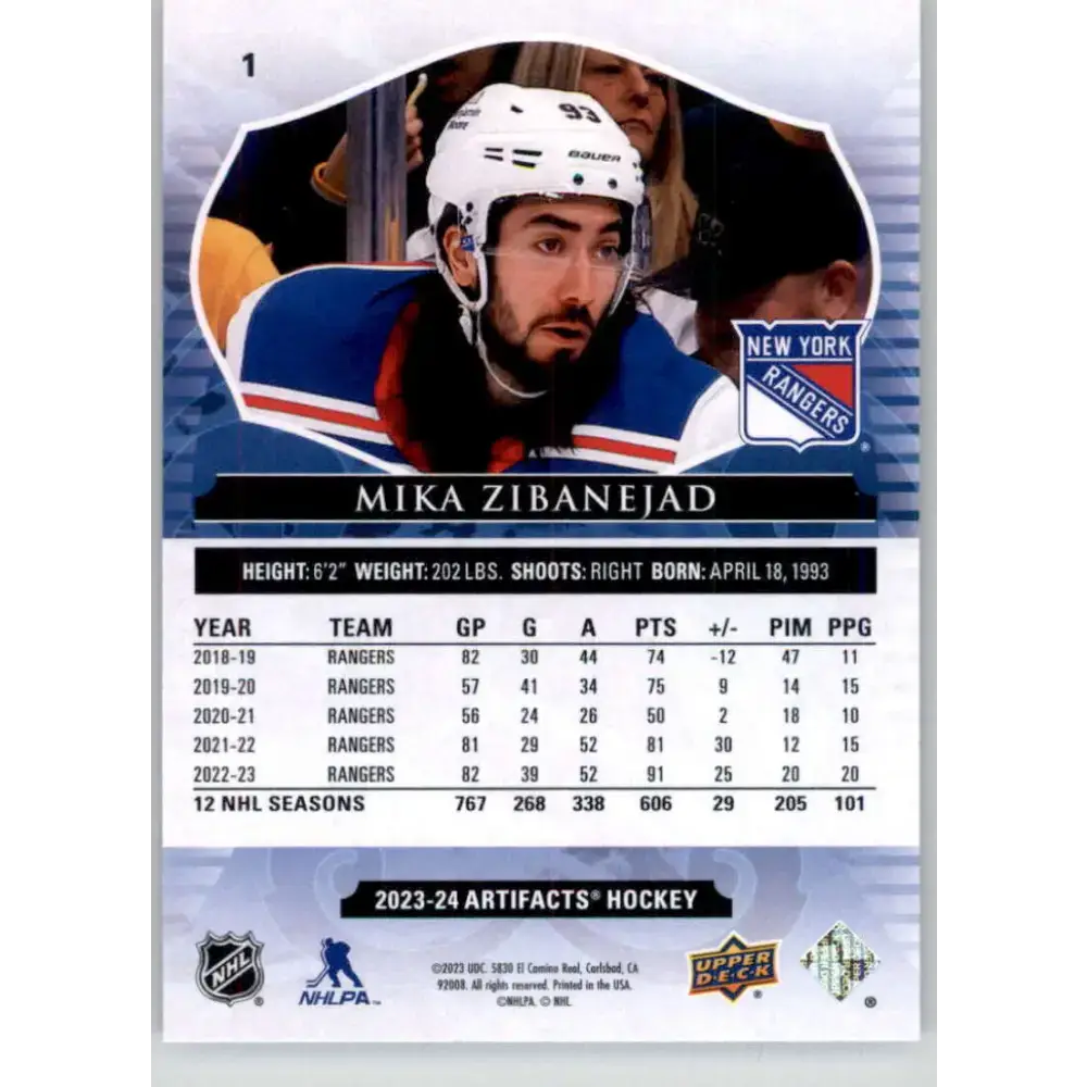 2023-24 Upper Deck Artifacts #1 Mika Zibanejad NM-MT New York Rangers Hockey Card - Hockey Card Single