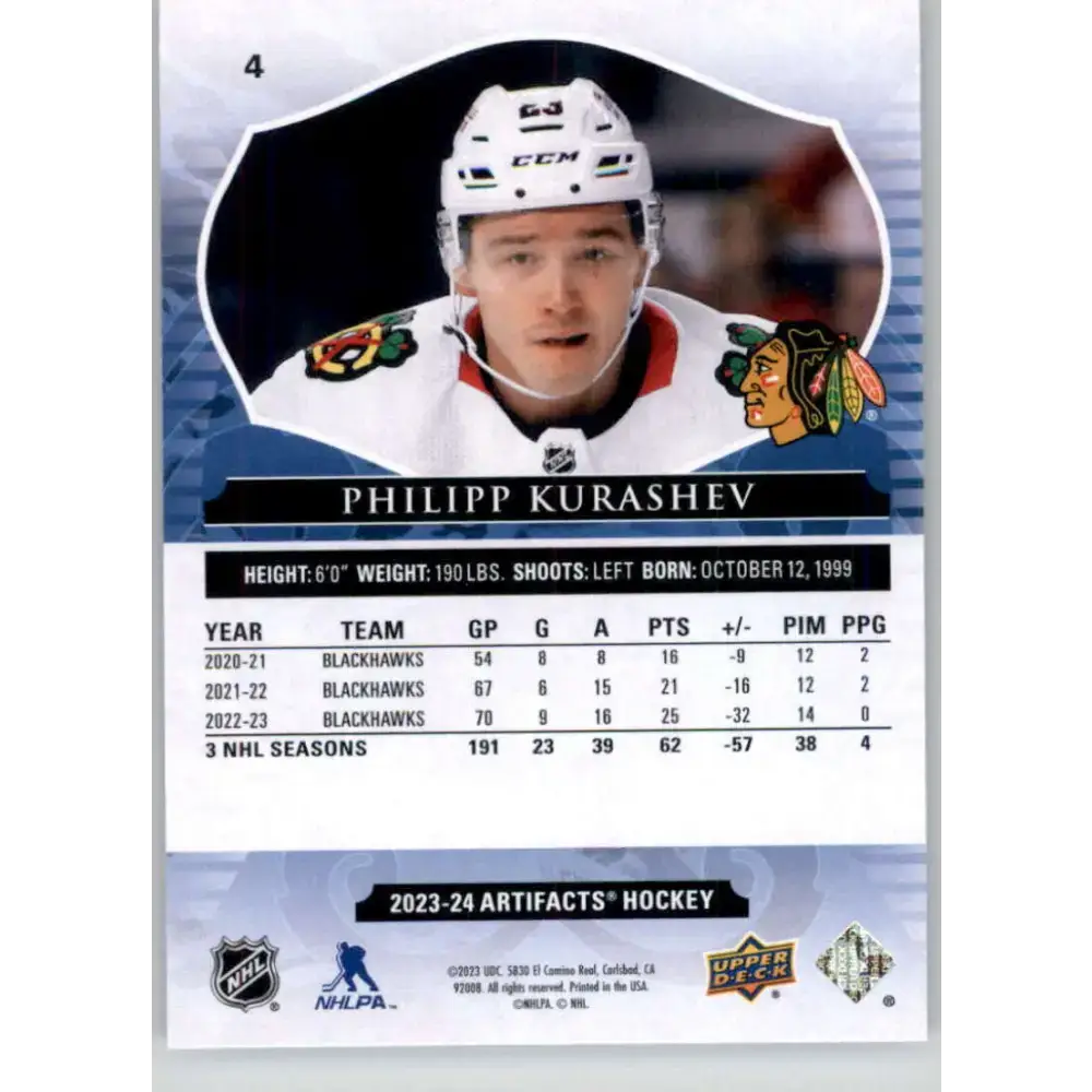 2023-24 Upper Deck Artifacts #4 Philipp Kurashev NM-MT Chicago Blackhawks Hockey Card - Hockey Card Single