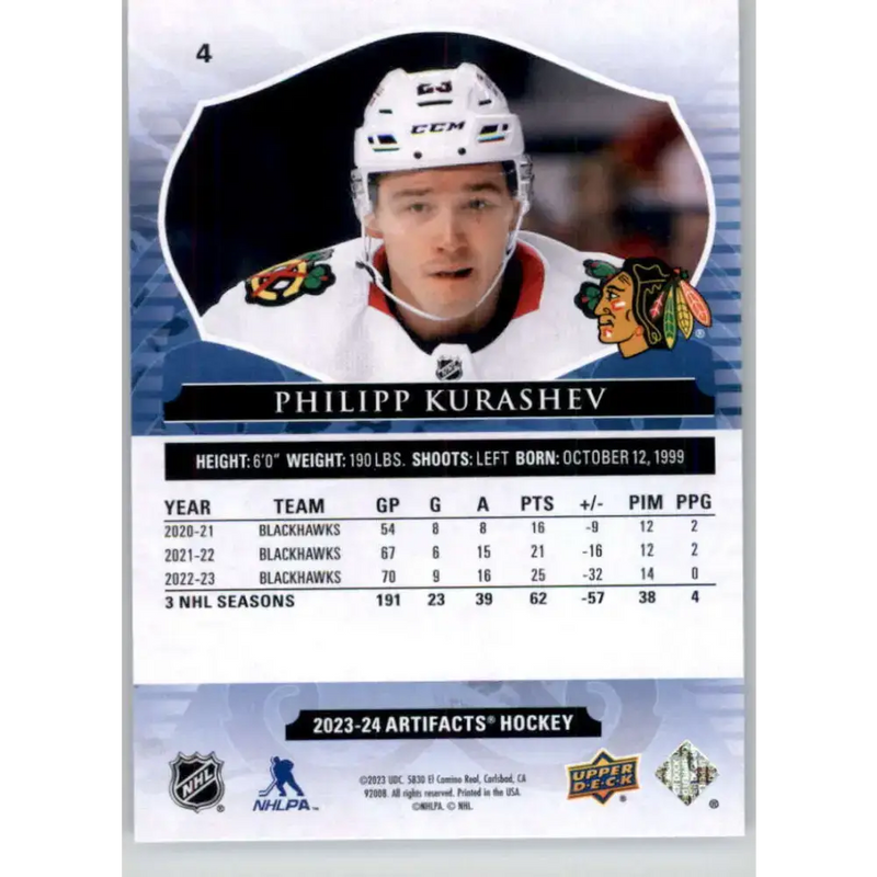 2023-24 Upper Deck Artifacts #4 Philipp Kurashev NM-MT Chicago Blackhawks Hockey Card - Hockey Card Single