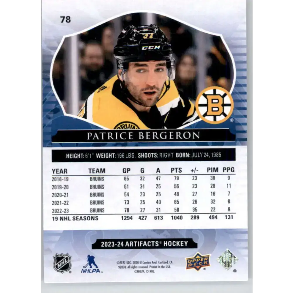 2023-24 Upper Deck Artifacts #78 Patrice Bergeron NM-MT Boston Bruins Hockey Card - Hockey Card Single